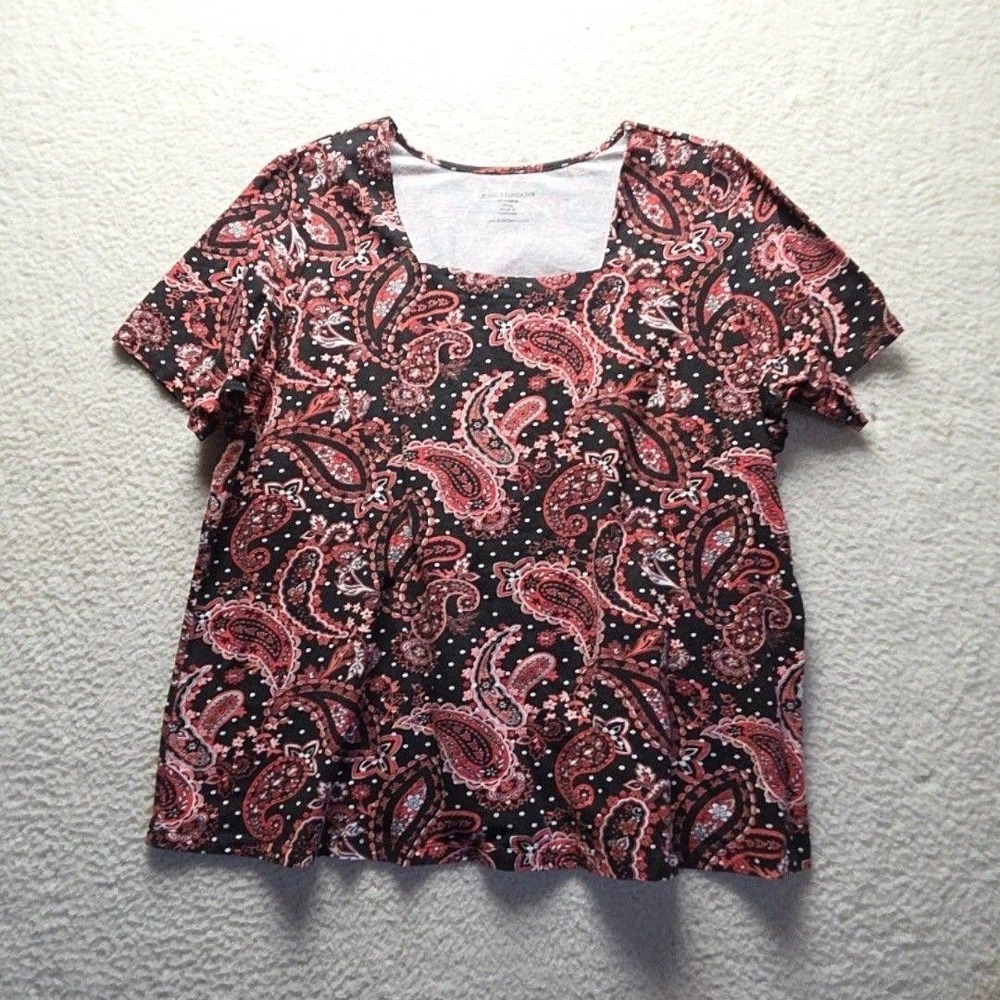 Jessica London Shirt Womens Plus 26/28 Black Scoop Neck Short Sleeve Paisley Top